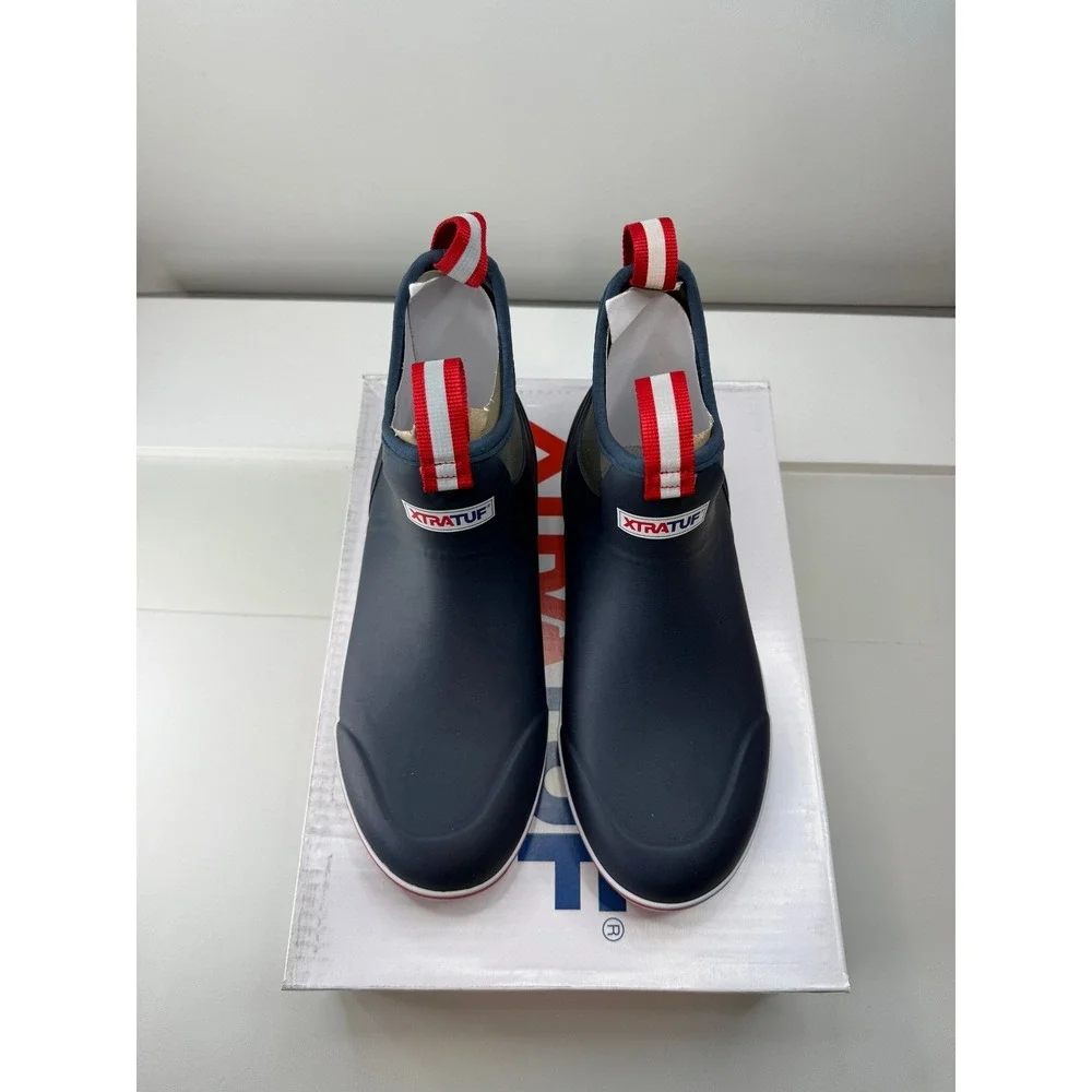 XTRATUF Mens Ankle Deck Boot Navy Red Waterproof Fishing Shoes Size 9 NEW